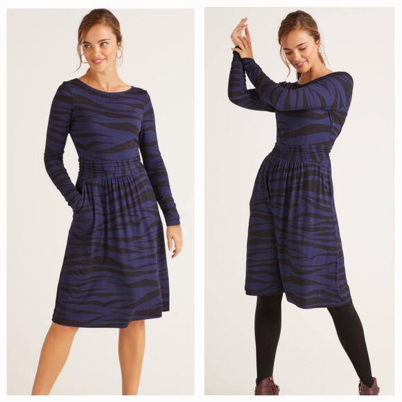 Boden Abigail Zebra Print Jersey Dress, Long sleeve sz 8 Sash waist, knee length - Picture 1 of 12